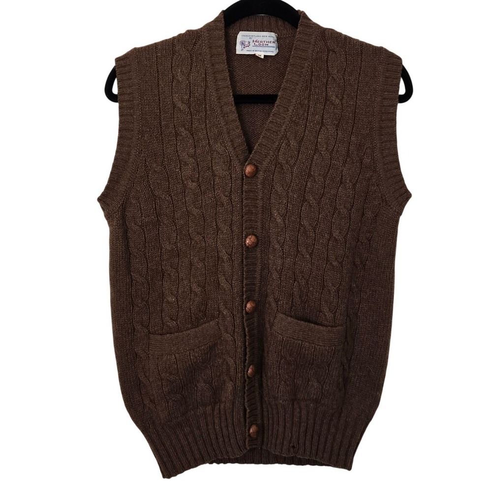 Vintage Heather Loom Cardigan Sweater Vest Mens S Brown Wool Cable Knit Grandpa